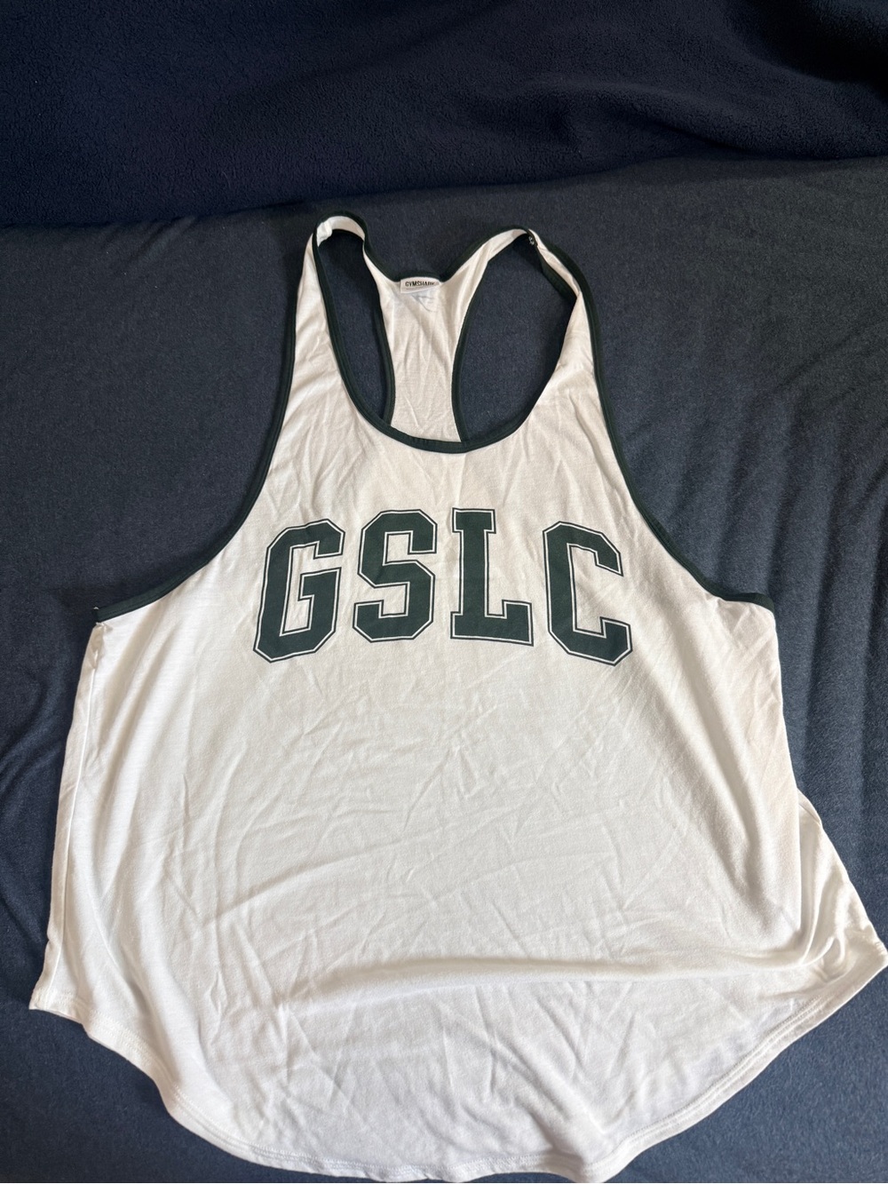 Gymshark White Racerback Tank with green Trim and GSLC Logo